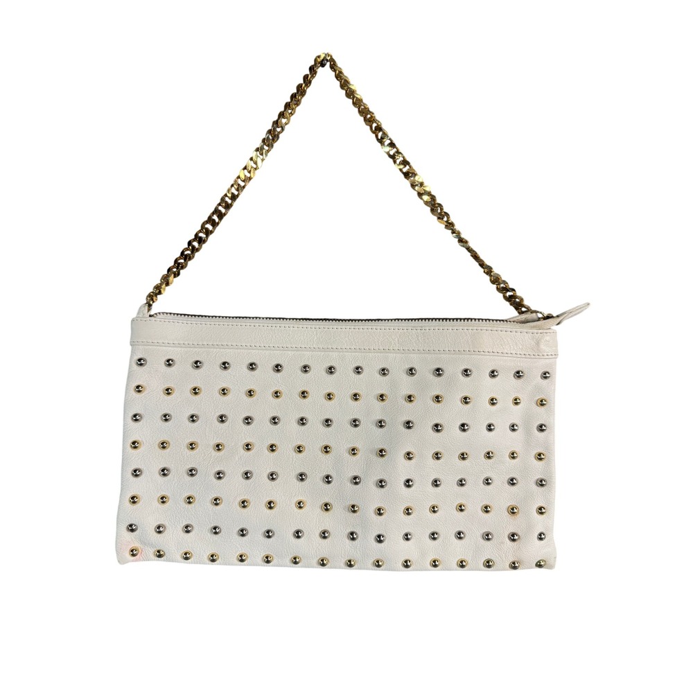 Pop Corn Milano White Leather Studded Clutch Bag Gold Chain Made in Italy